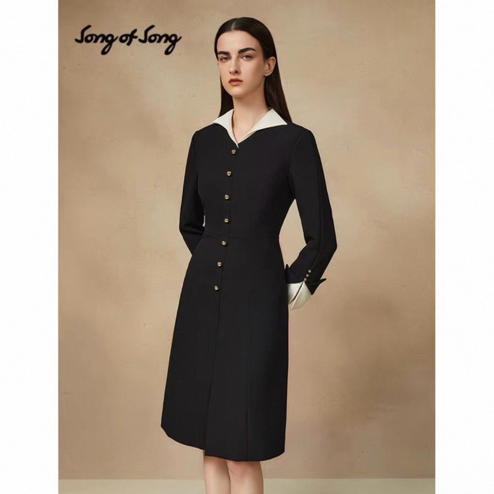 Black Long-Sleeve Button Decor Front A-Line Dress with Contrast Collar & Cuff